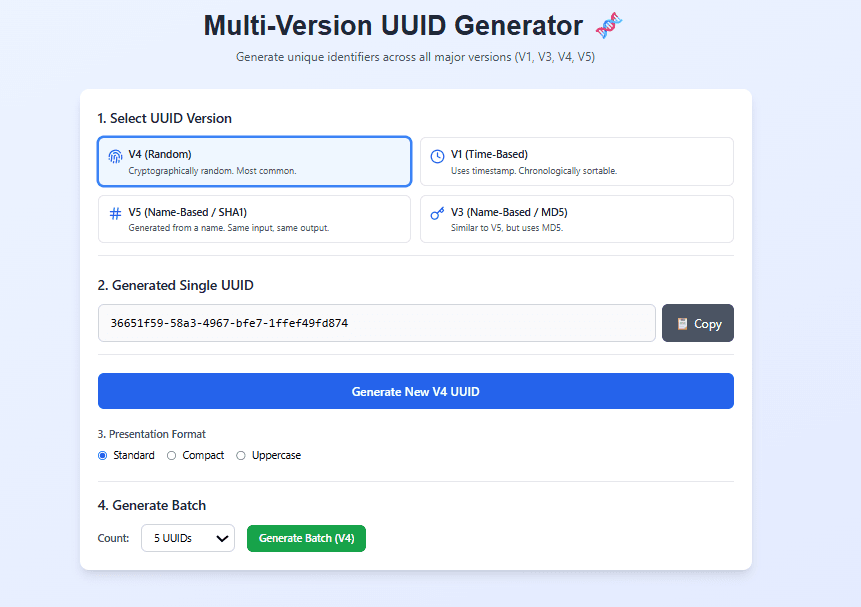 UUID Generator – Complete Guide to Generate V1, V3, V4 & V5 UUIDs